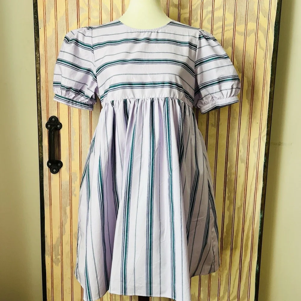 NWT English Factory Regency Striped Puff Sleeve Babydoll Mini Dress Size M - Picture 1 of 9